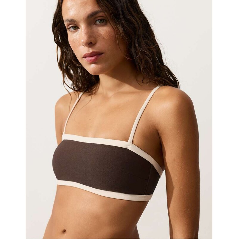OYSHO Contrast trim bandeau bikini in brown
