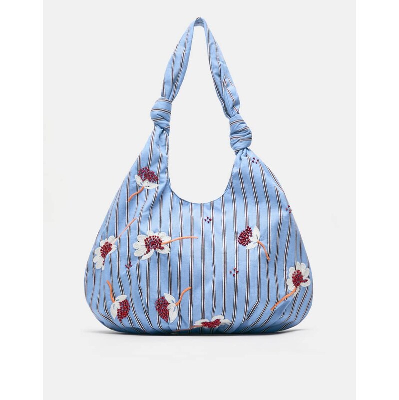Pull&Bear Floral stripe tote bag in blue