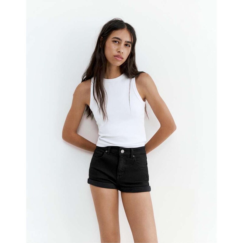 Pull&Bear Mid-waist denim shorts in black