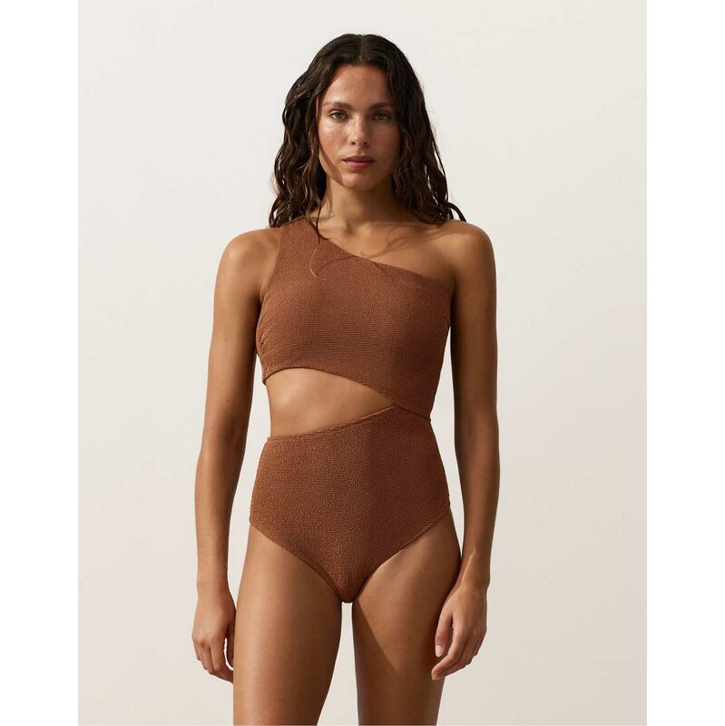 OYSHO Crinkle asymmetric trikini in brown