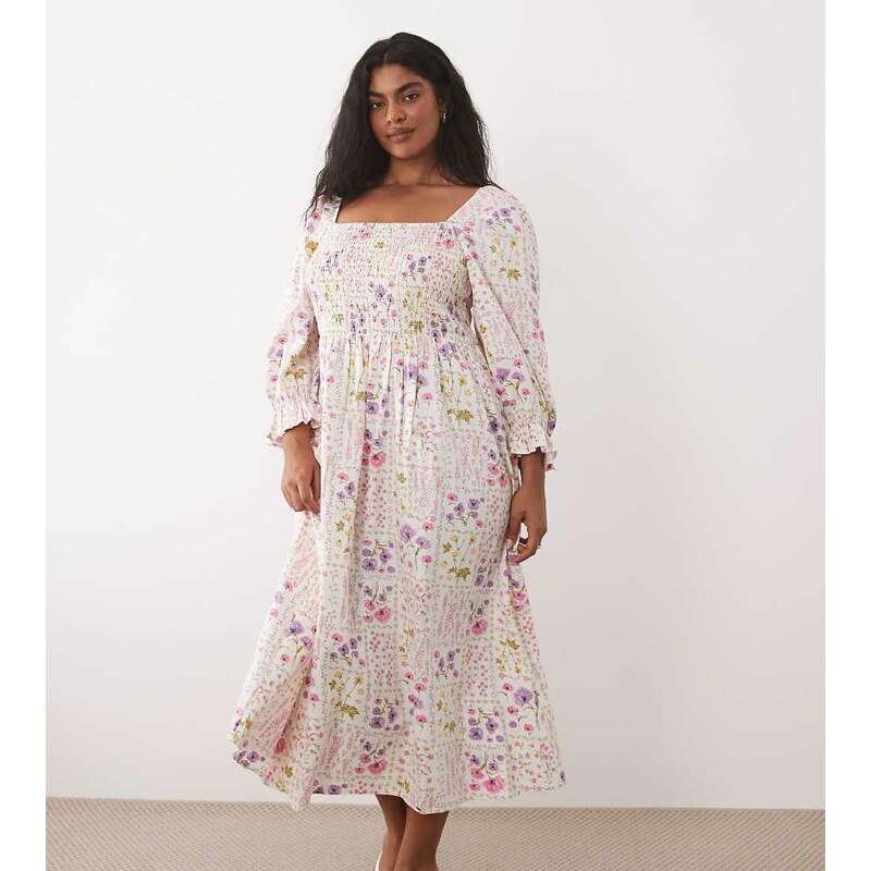New Look Plus New Look Curve floral shirred midi dress in cream