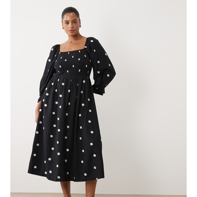 New Look Plus New Look Curve polka dot shirred midi dress in