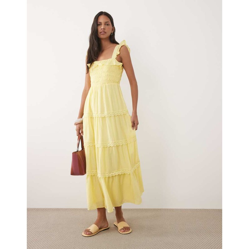New Look tiered frill shirred maxi dress in light yellow