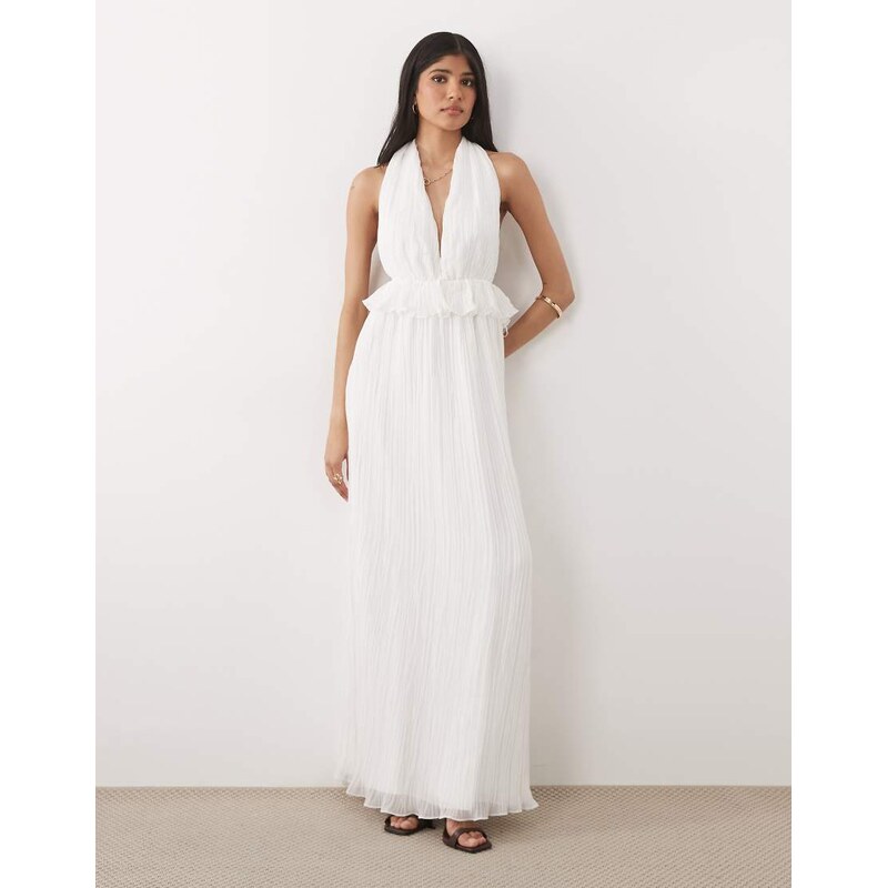 Six Stories pleated plunge ruffle detail maxi dress in white