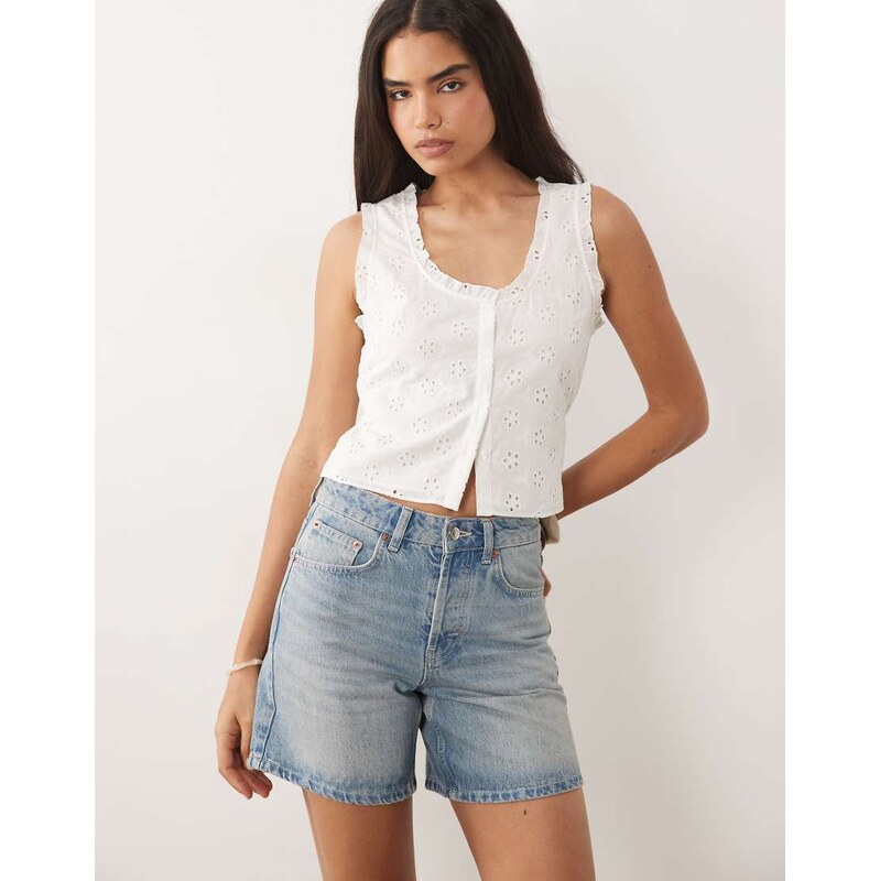 Mango 100% cotton embroidered sleeveless top in white