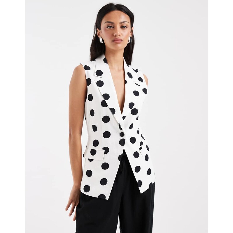 ONLY tailored linen blend waistcoat in white polka dots