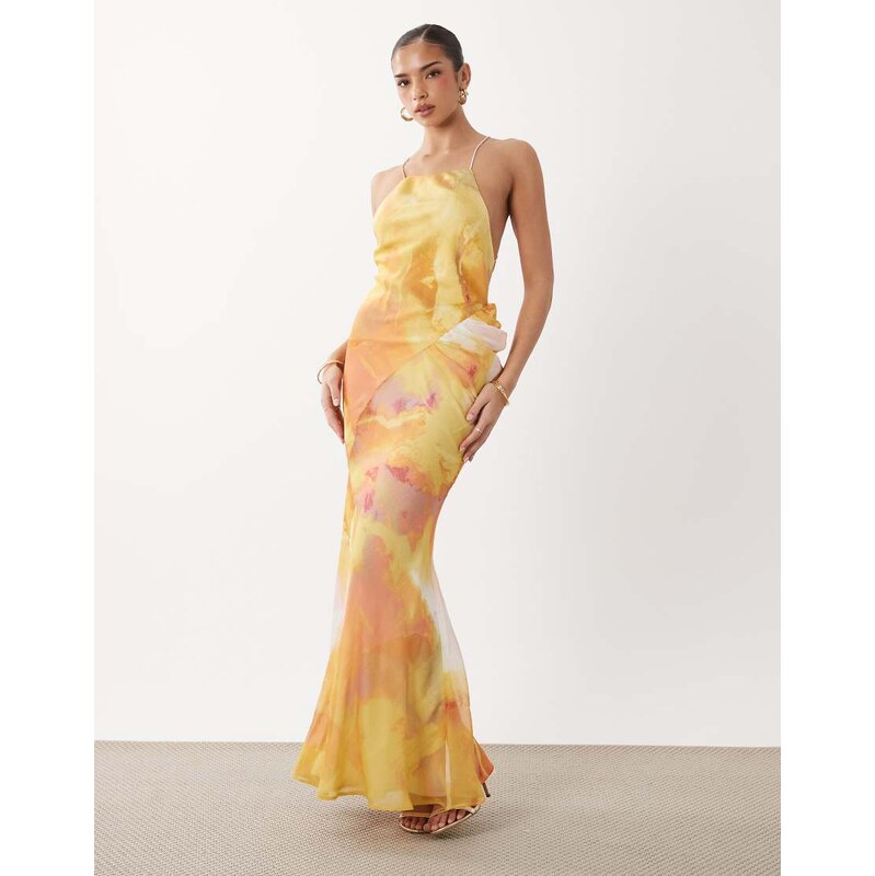 ASOS DESIGN square neck satin chiffon mix maxi dress in yellow