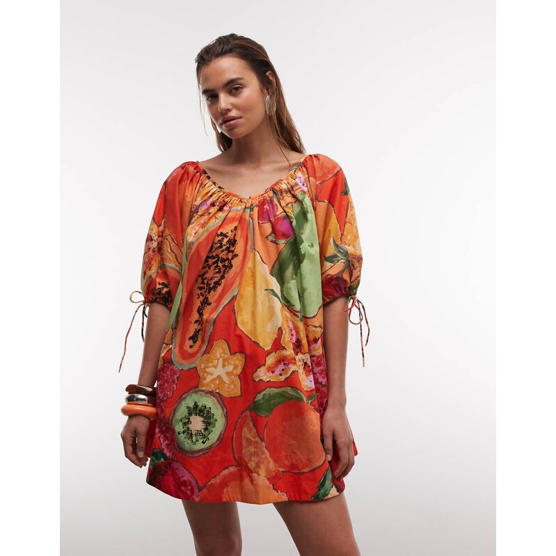 ASOS DESIGN scoop neck poplin mini dress with tie sleeves in