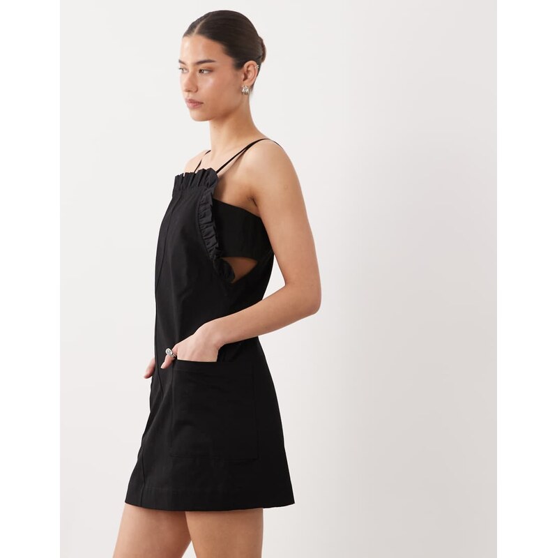 ASOS DESIGN pinny mini dress with pockets and ruffles in black