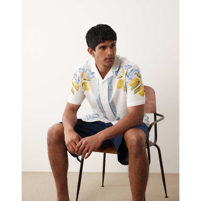 ASOS DESIGN relaxed shirt with linen and border print in white