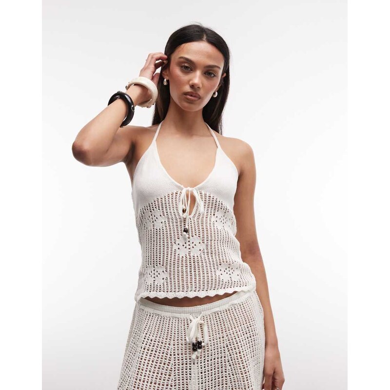 Monki floral crochet co-ord top in white