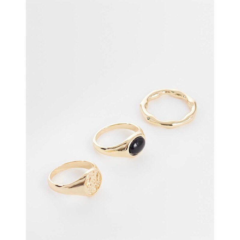 ASOS DESIGN 3 pack stone and St Christopher signet rings in gold