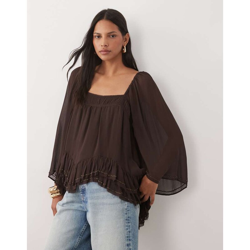 Mango sqaure neck half sleeve ruffle blouse in brown