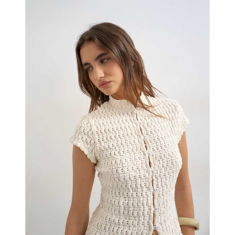 Topshop crochet cap sleeve button top in cream-Neutral