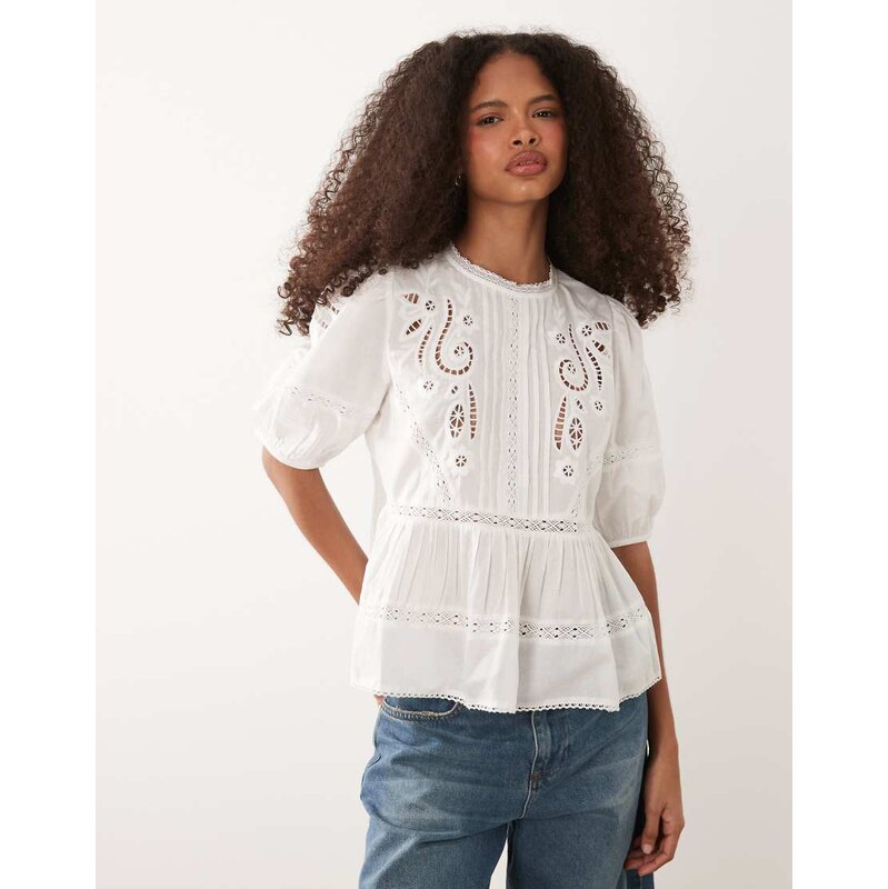 JDY lace details short sleeve blouse in white
