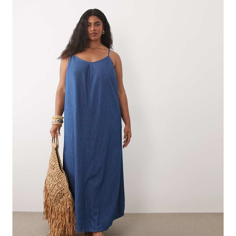 New Look Plus New Look Curve trapeze denim midaxi dress in mid