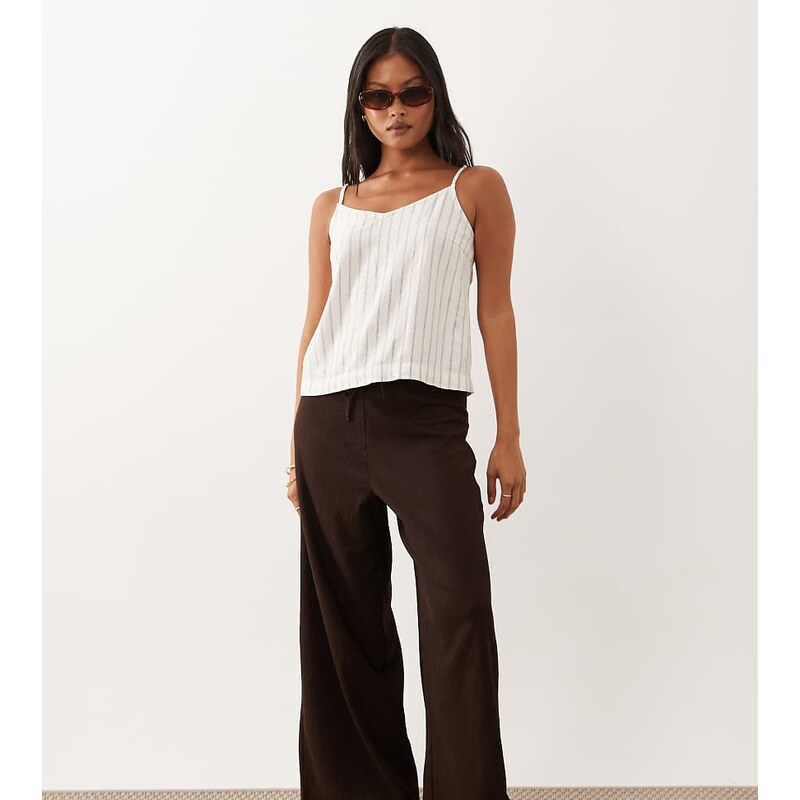 JDY Petite loose fit textured trousers in chocolate brown