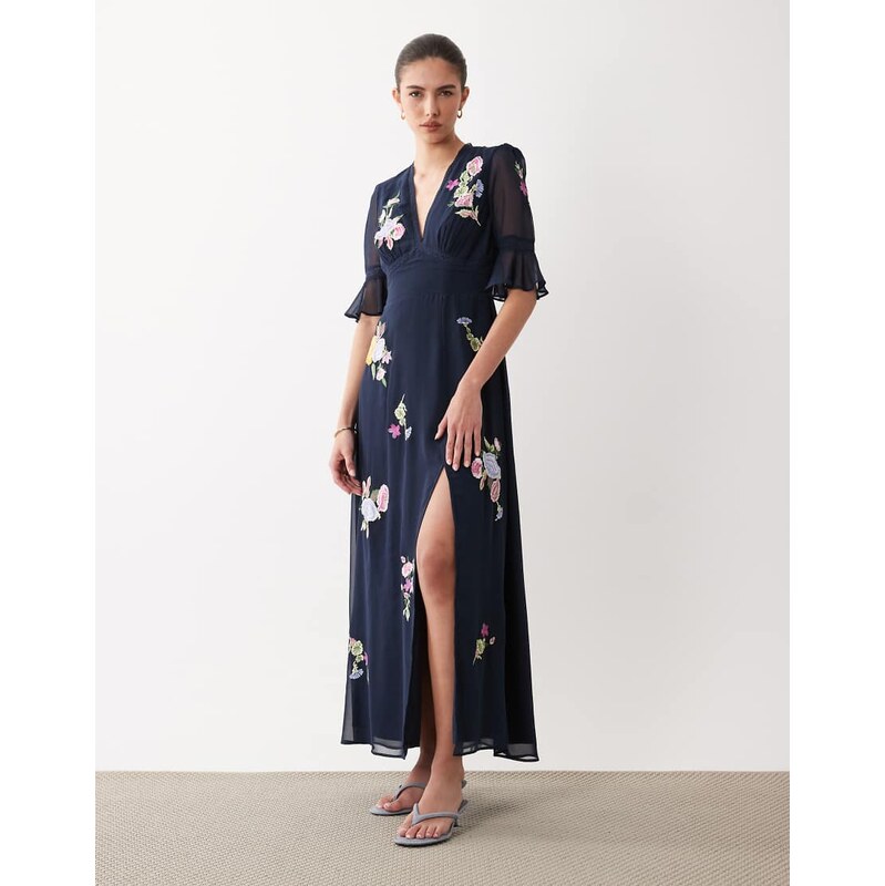Hope & Ivy floral embroidered v neck maxi dress with thigh split