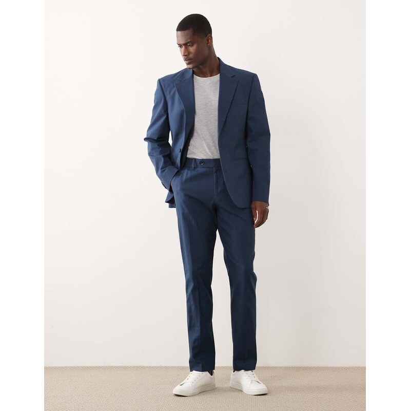 ASOS DESIGN 100% cotton linen look slim suit trousers in navy