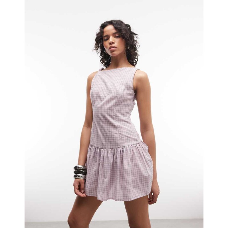 COLLUSION high neck smock mini dress in pink check-Green