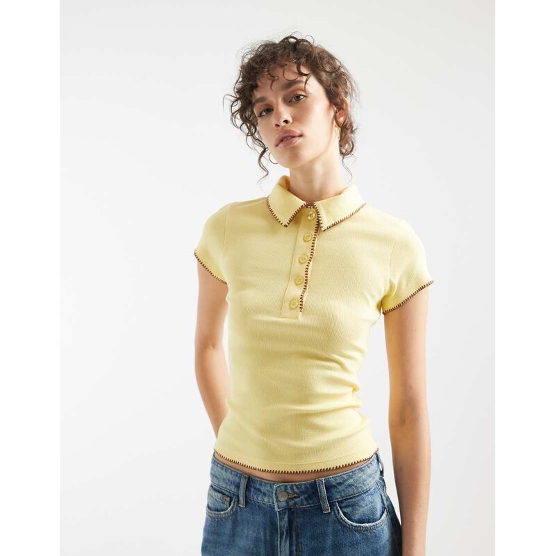 ASOS DESIGN shrunken polo with blanket stitch detail in buttermilk-Brown
