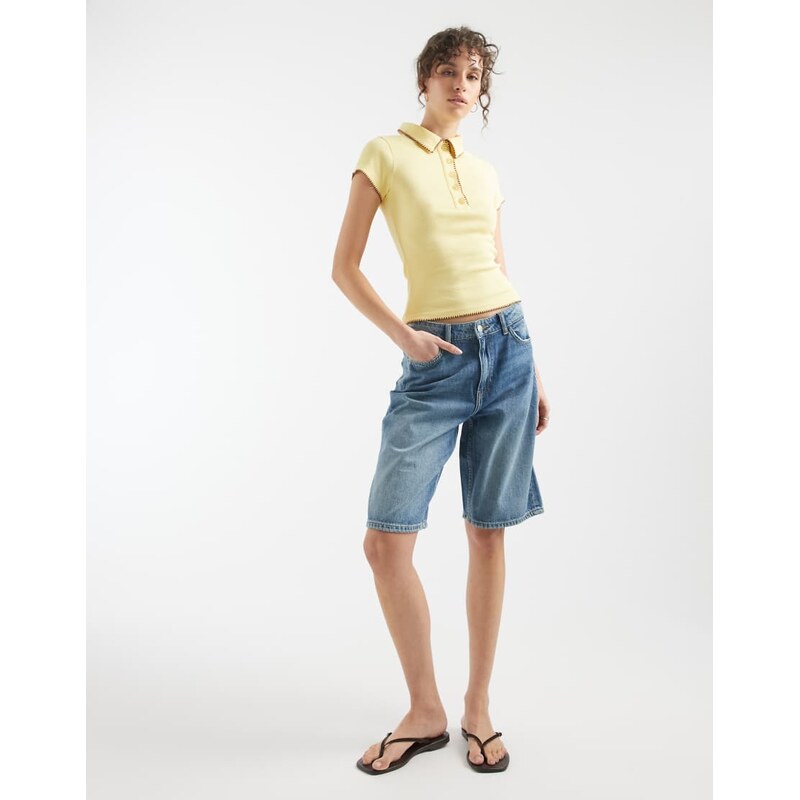 ASOS DESIGN shrunken polo with blanket stitch detail in buttermilk-Brown