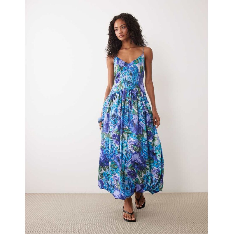 ASOS DESIGN satin bias shift midi dress with bubble hem in blue
