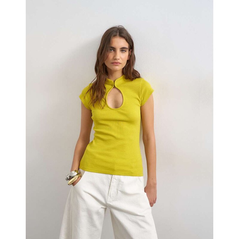 Topshop ribbed key hole top in chartreuse-Green