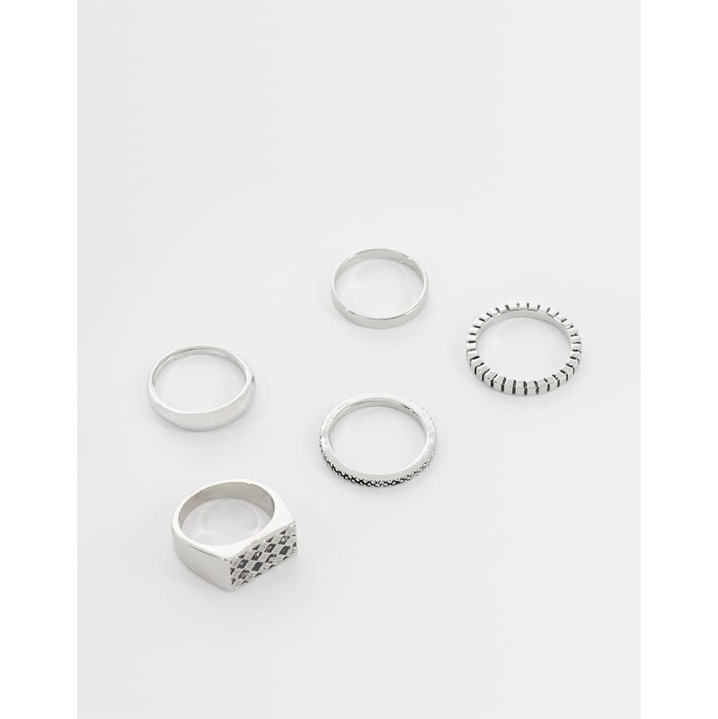 ASOS DESIGN 5 pack textured detail band and signet ring in
