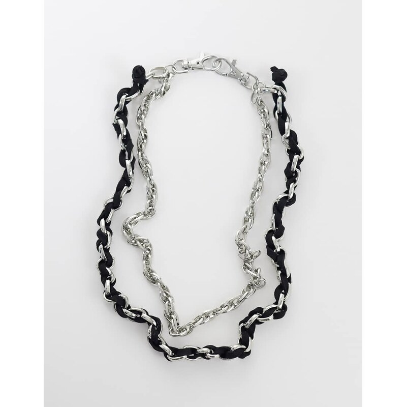ASOS DESIGN 2 row faux leather wrapped jeans chain in silver