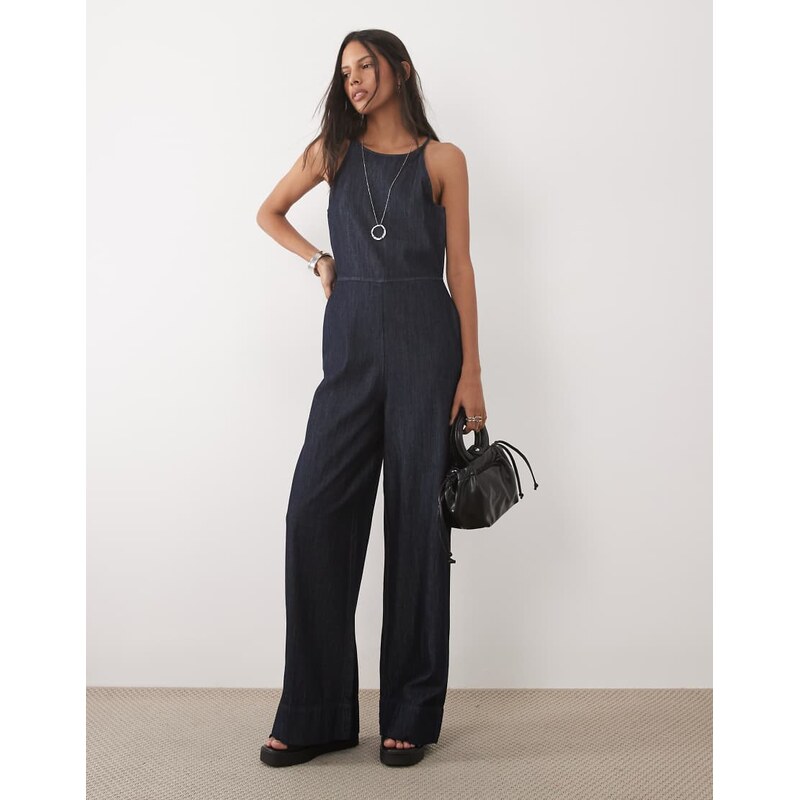 Mango 100% cotton denim jumpsuit in indigo-Blue