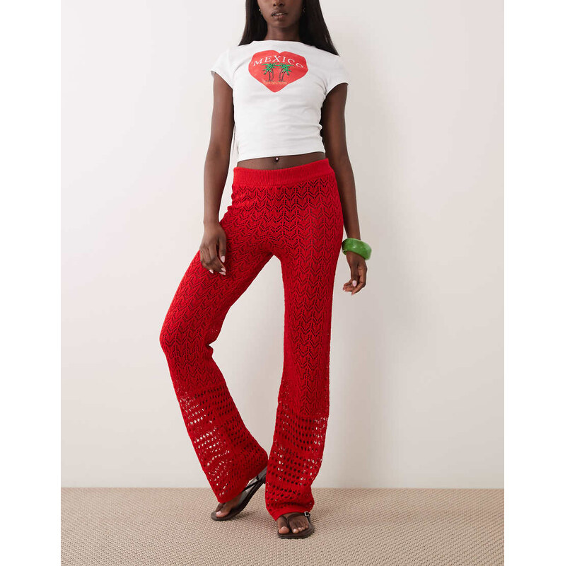Miss Selfridge crochet wide leg trouser co-ord in red