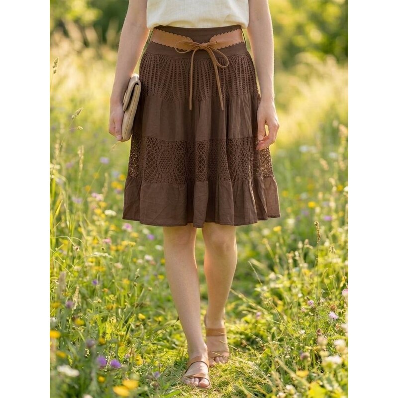 Italská móda Dámská krajková sukně BOHO ke kolenům čokoládová