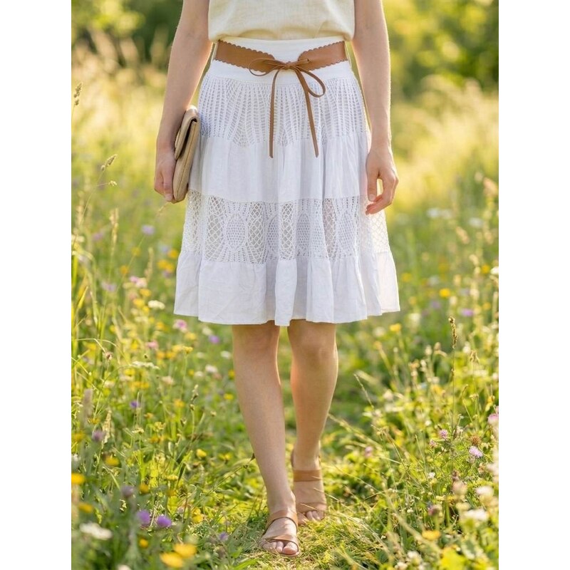 Italská móda Dámská krajková sukně BOHO ke kolenům bílá