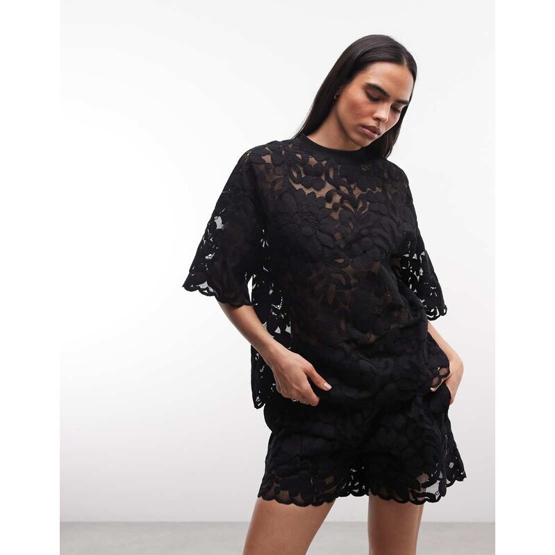 AllSaints Amelie co-ord short sleeve floral lace top in black