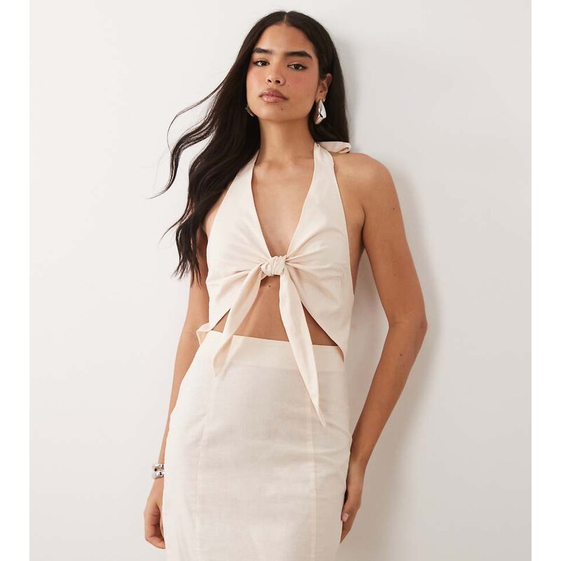 Kaiia exclusive linen blend tie front cut out detail mini dress