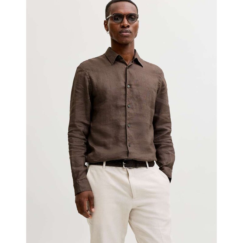 Jack & Jones linen long sleeved shirt in brown
