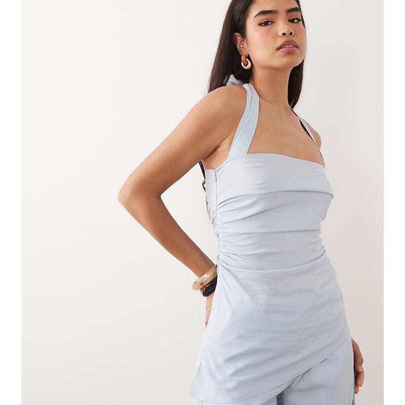 Kaiia exclusive linen blend halterneck asymmetric hem ruched
