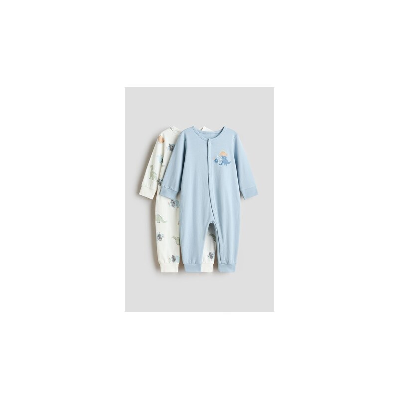 H&M - Bavlněný pyžamový overal 2 kusy - Bleděmodrá/Dinosauři