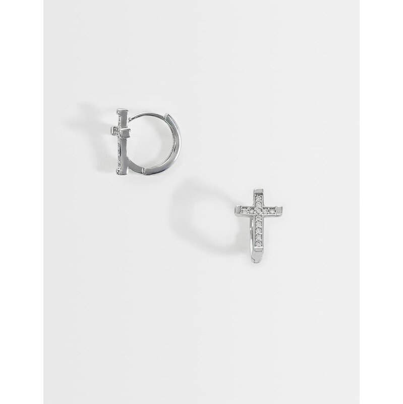 ASOS DESIGN cubic zirconia crystal cross hoop earrings in silver