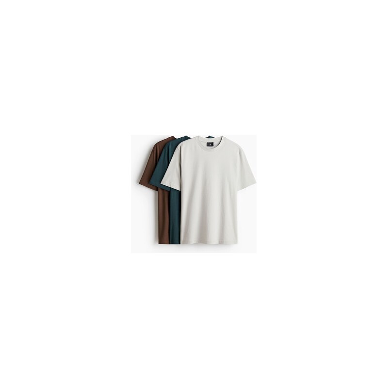 H&M - Tričko Regular Fit 3 kusy - Zelenohnědá/Hnědá/Světle Šedá