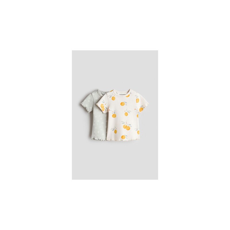 H&M - Žebrované bavlněné tričko 2 kusy - Krémová/Citrony