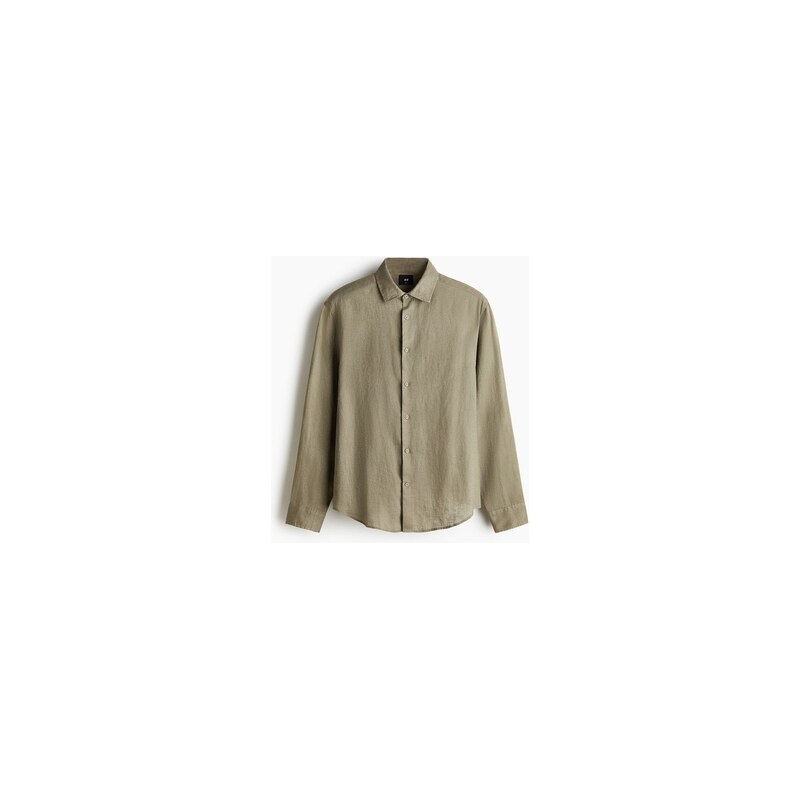 H&M - Lněná košile Slim Fit - Khaki Zelená