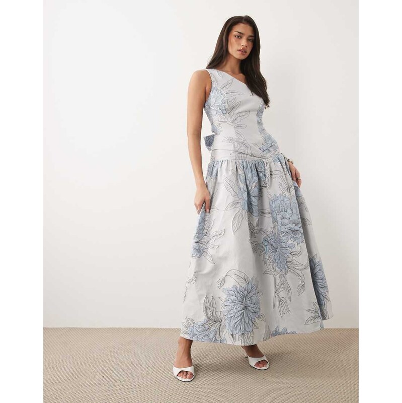 ASOS LUXE one shoulder jacquard maxi dress in blue floral-Multi
