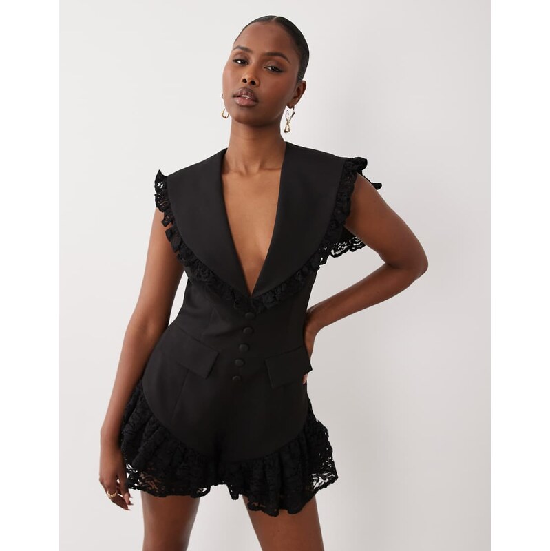 ASOS LUXE tailored playsuit with lace detail in black