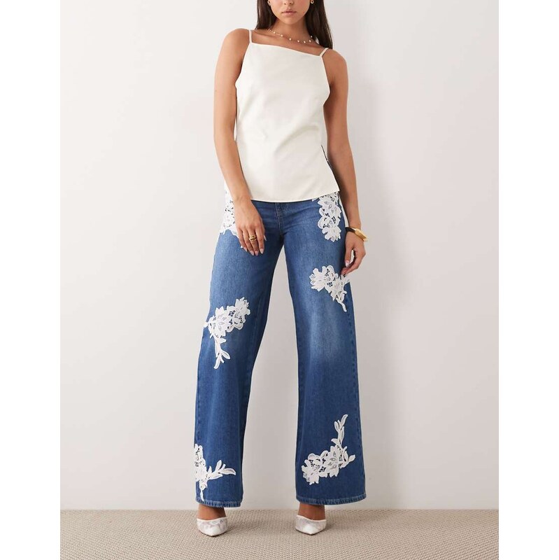 ASOS LUXE lace applique wide leg jeans in blue