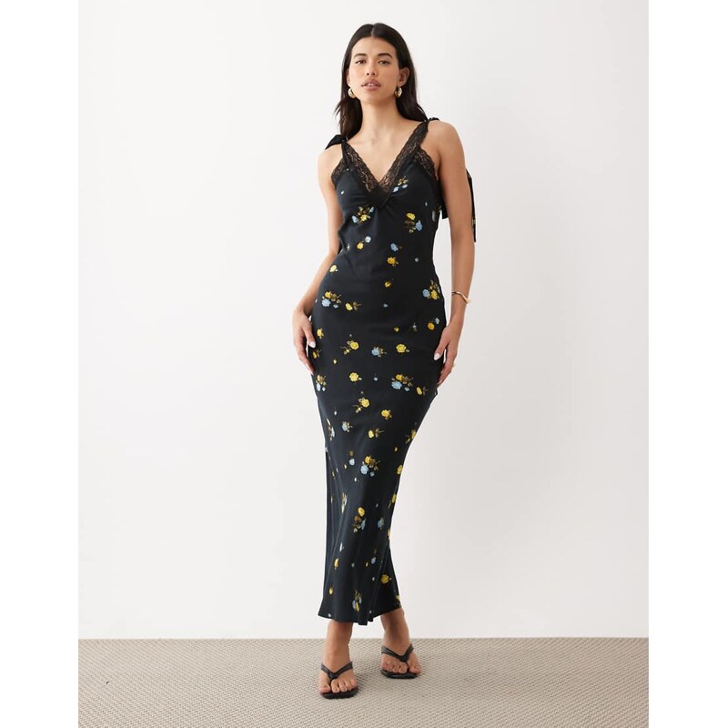 ASOS DESIGN slip maxi dress with lace trims and ties in black