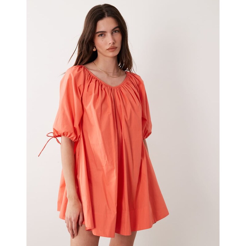ASOS DESIGN scoop neck poplin mini dress with tie sleeves in
