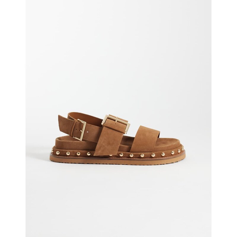 ASOS DESIGN Fraction premium studded footbed sandal in tan suede