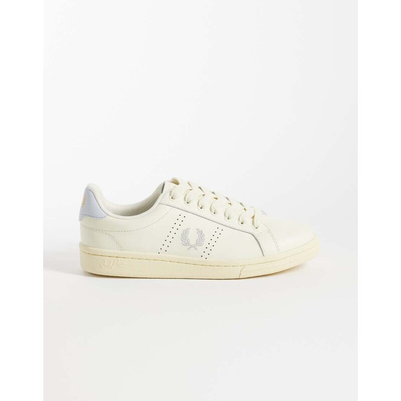 Fred Perry leather trainer in ecru and dusty blue-White